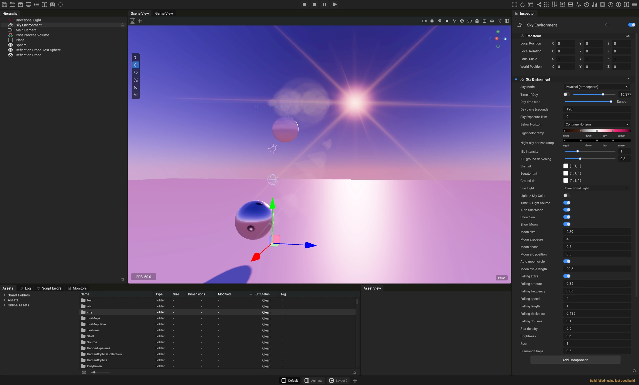Open Engine editor with a sunset scene, hierarchy, smart folders, assets, and a Sky Environment inspector.