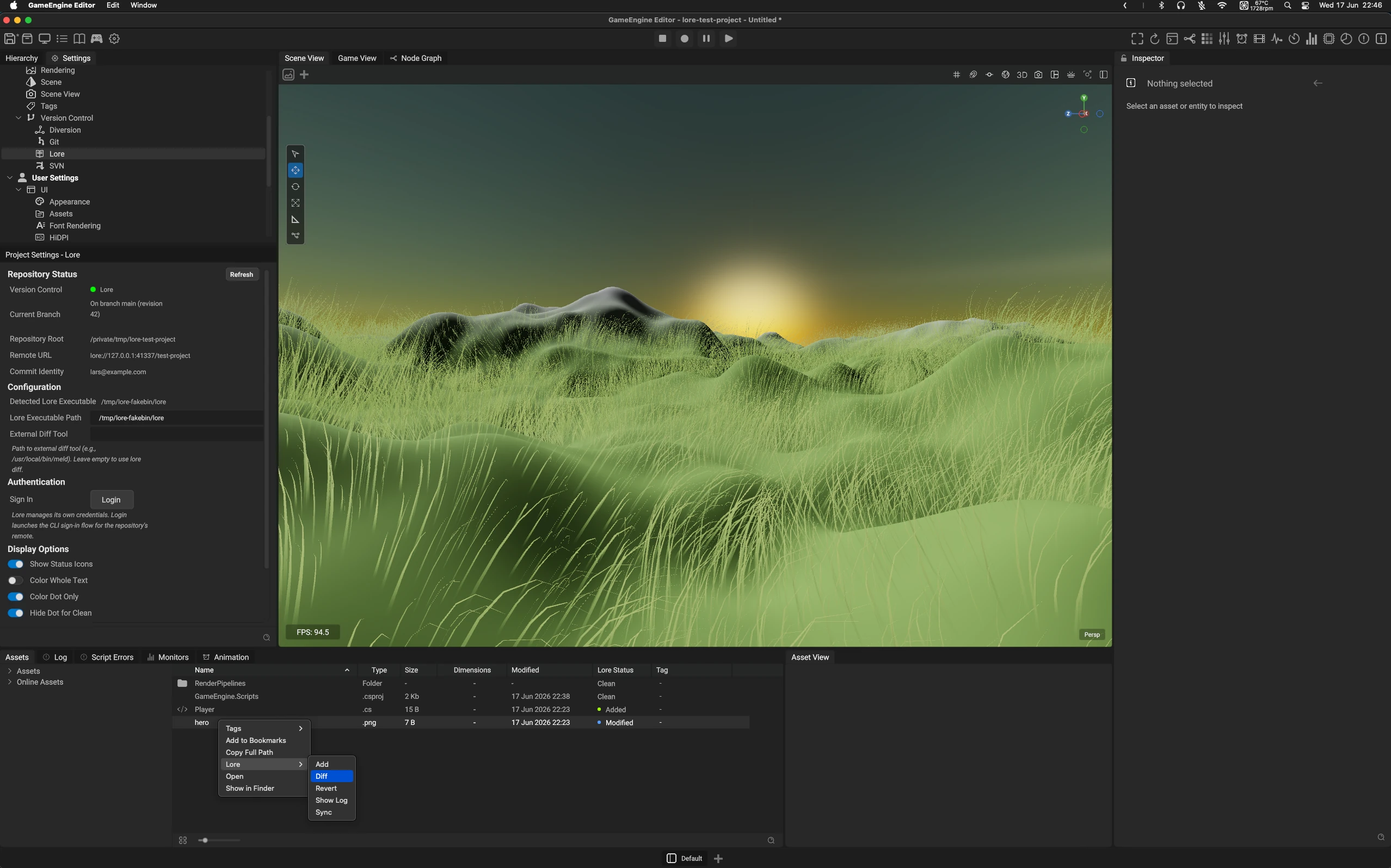 Open Engine editor showing Lore version-control settings, asset status, and context menu actions.