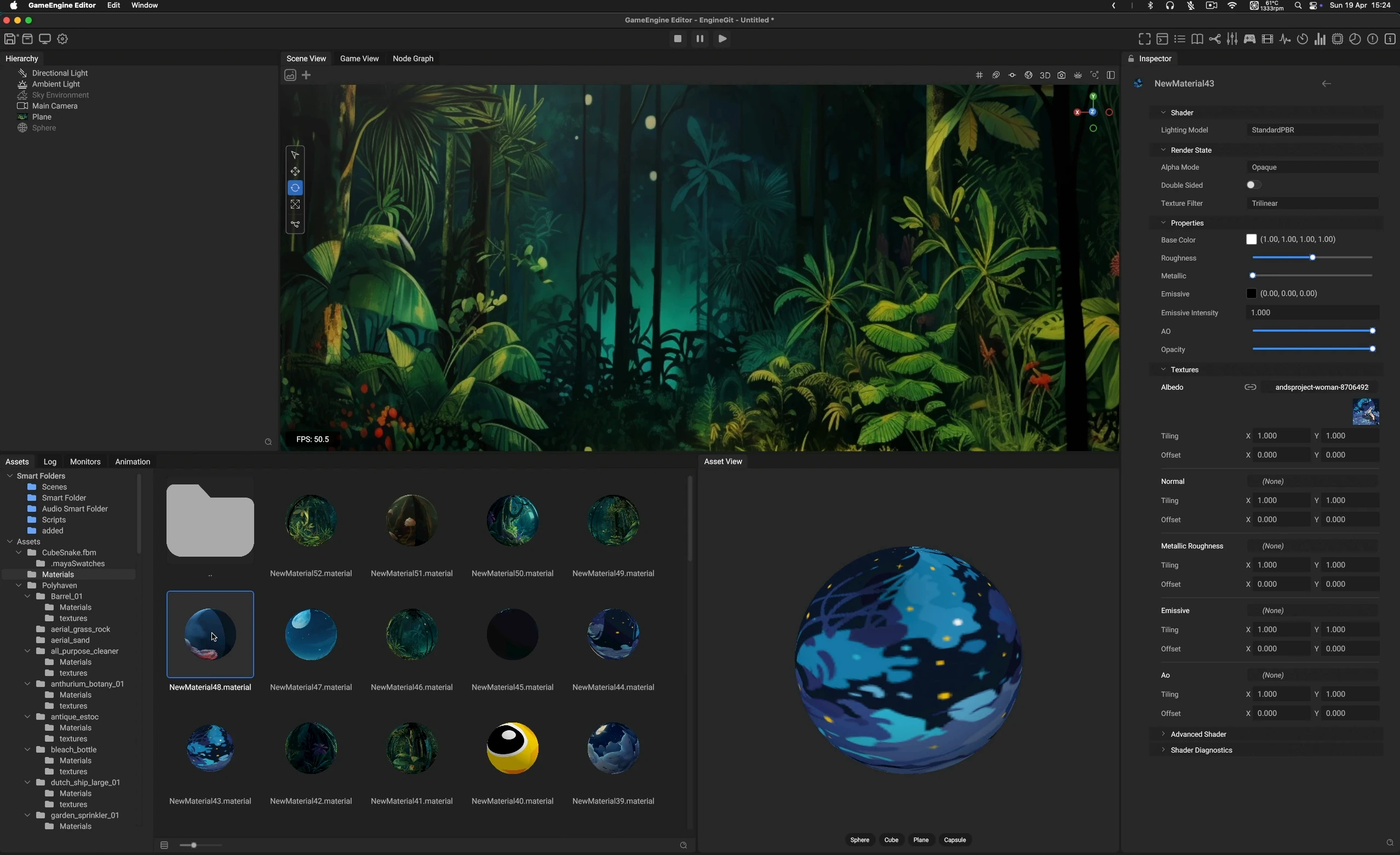 Open Engine editor showing a jungle scene, material thumbnails, and a material preview in the Asset View.
