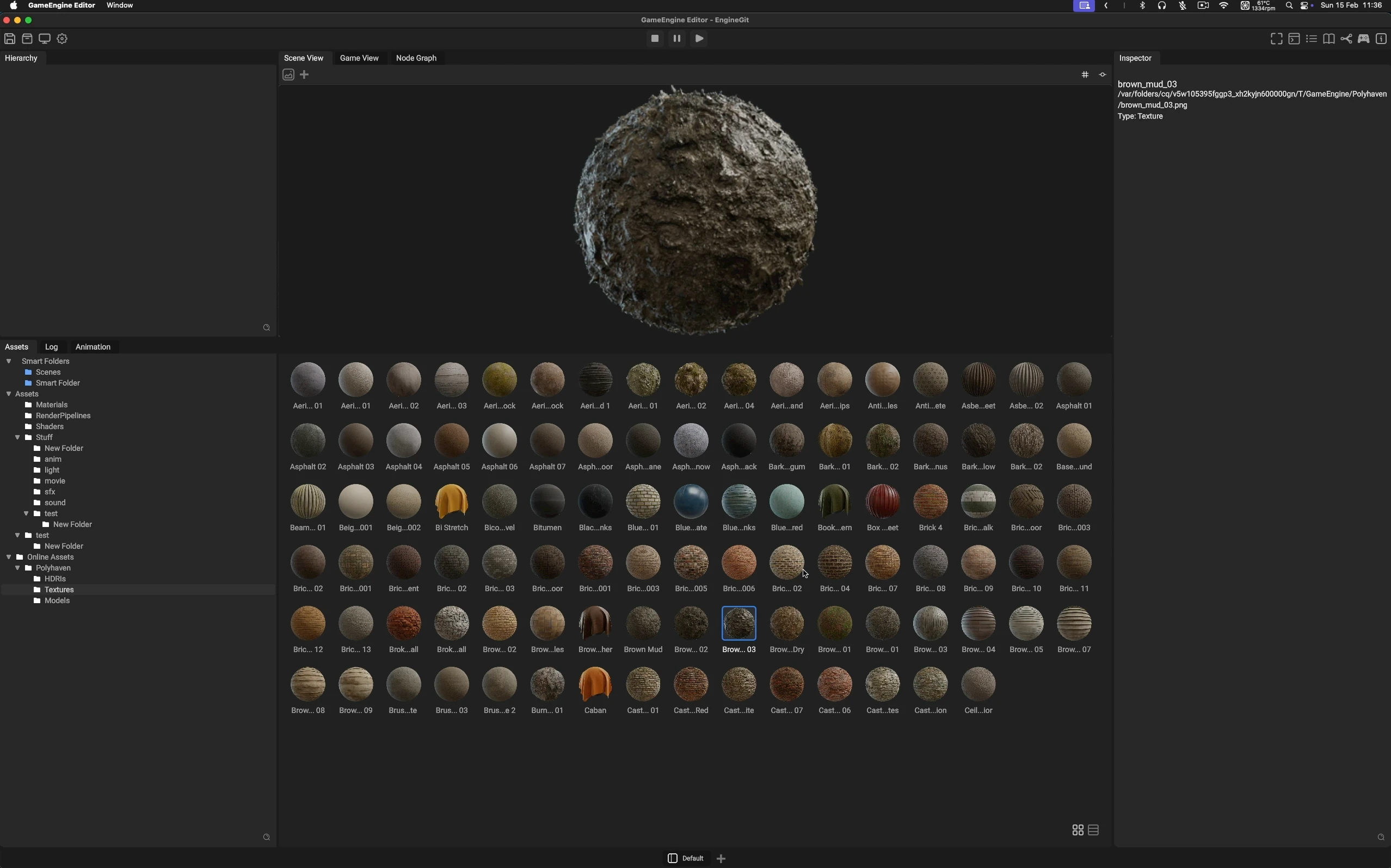 Open Engine editor showing a material asset library and a textured sphere preview.