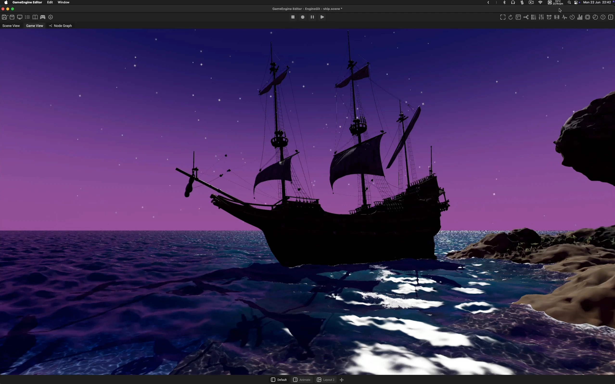 Open Engine editor showing a ship at sea with an ocean shader, reflections, and a starry dusk sky.