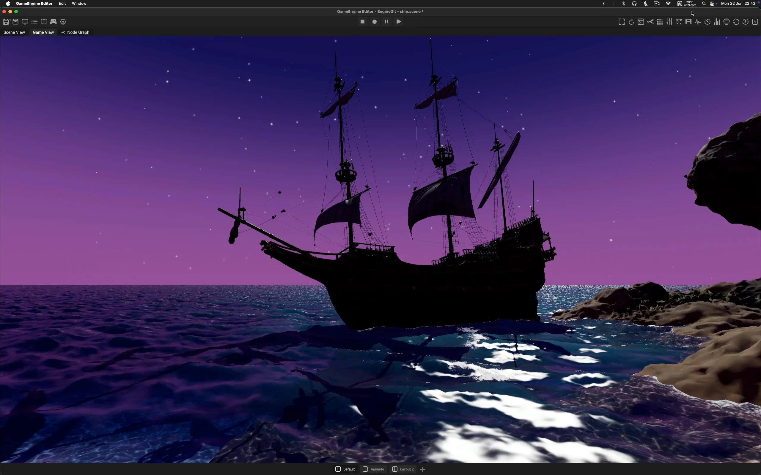Open Engine editor showing a sailing ship at sea beneath a purple evening sky.