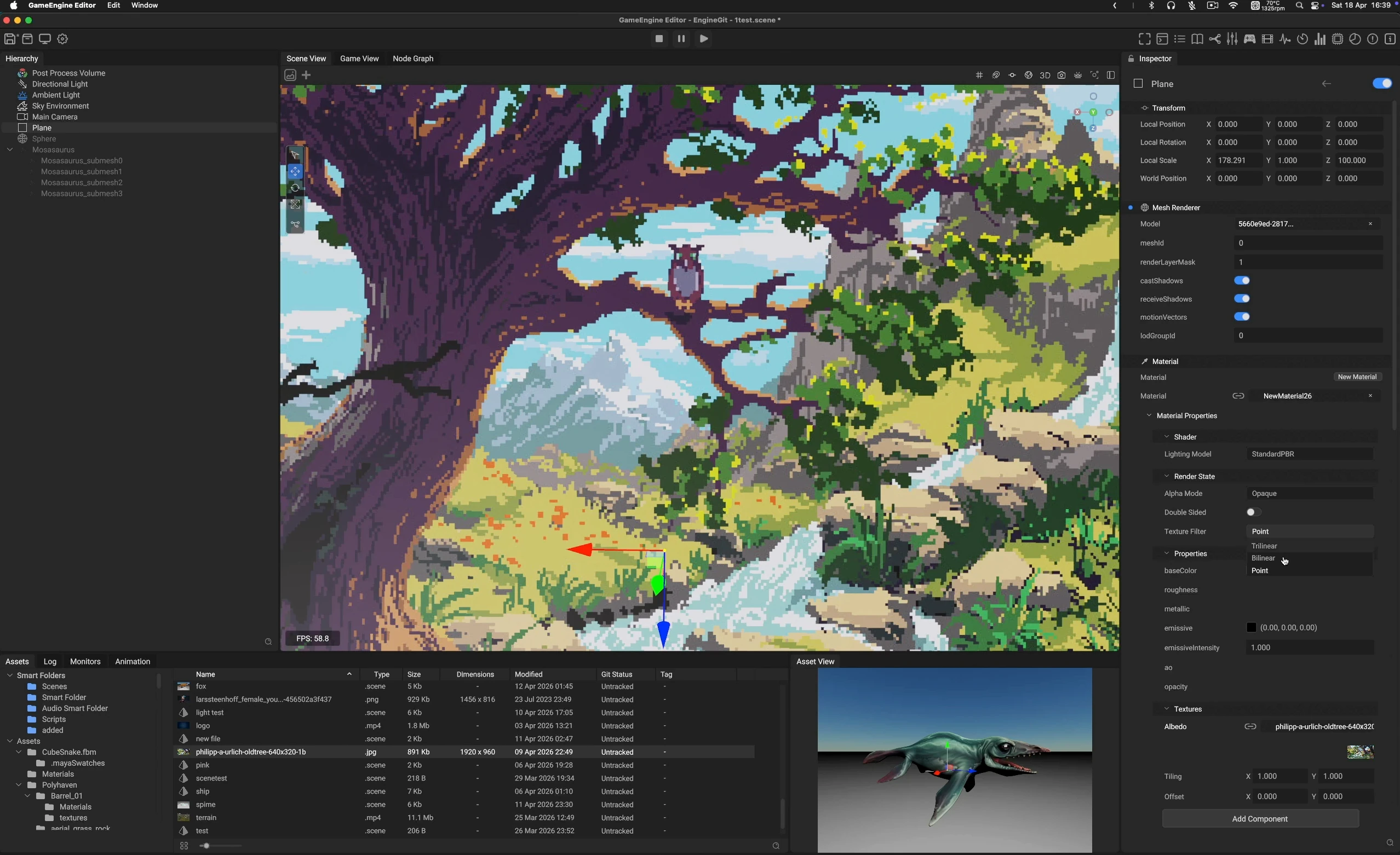 Open Engine editor showing a colourful stylised scene, hierarchy, asset browser, and material inspector.